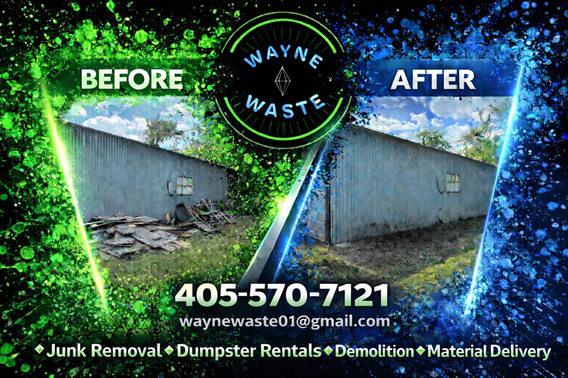 Before and after image showing an outdoor junk pile cleared by Wayne Waste, LLC in Moore, OK.
