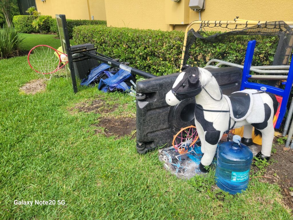 Outdoor junk removal scene with a broken basketball hoop and toys, handled by Dump My Junk LLC Demolition & Dumpster Rental in Tampa, FL.