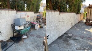 Before and after photo of an outdoor area cleared of various junk by Elite Hauling & Junk Removal in San Diego, CA.