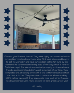 A newly installed outdoor ceiling fan and string lights on a patio, completed by Plains Electric in Auburn, AL.