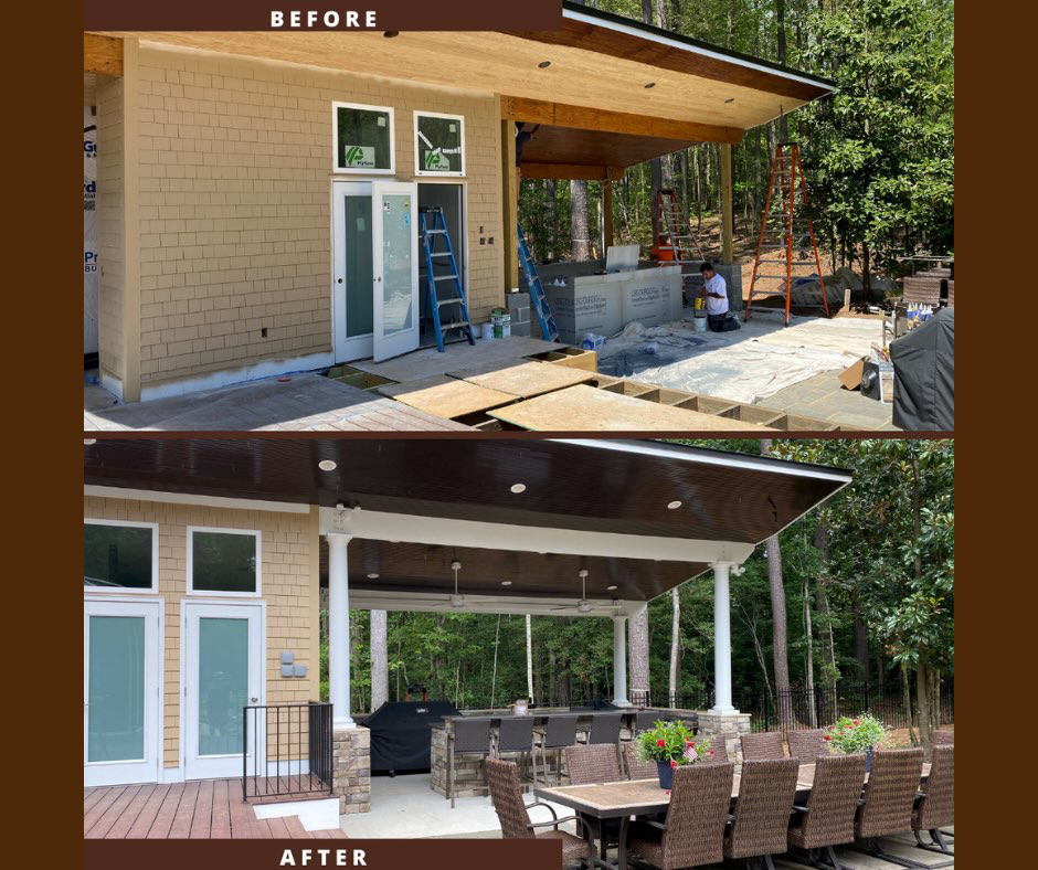 Before and after of an outdoor patio and living space construction by Capital Construction & Contracting LLC in Raleigh, NC