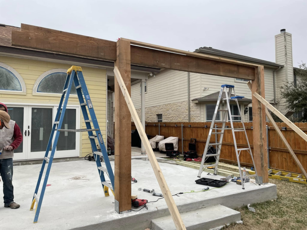 J8 General Construction building a new outdoor patio cover structure for a home in San Antonio, TX.