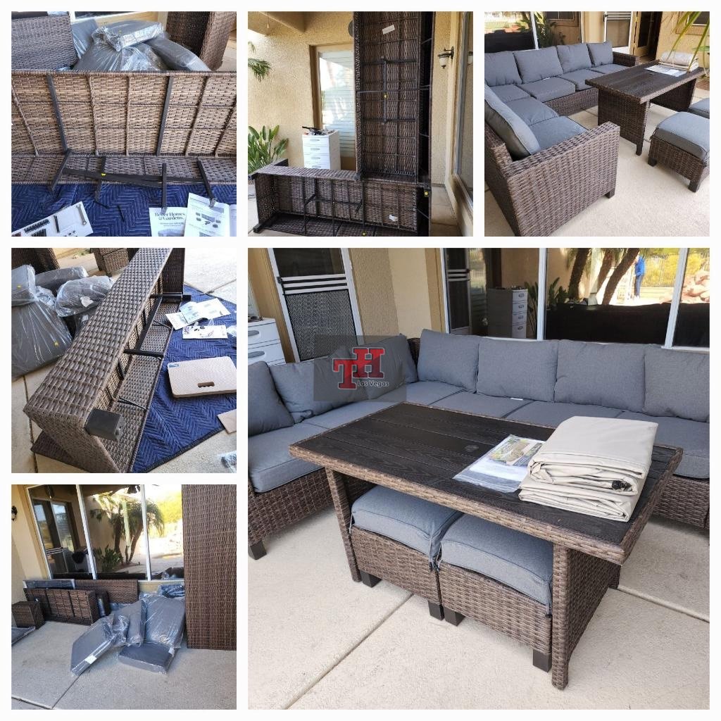 A collage showing the assembly process and final result of outdoor patio furniture by Tech Handy-Las Vegas in North Las Vegas, NV.