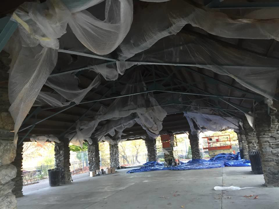 An outdoor pavilion undergoing renovation or painting work by O'Byrne Painting & Contracting, Inc in Wayland, MA.