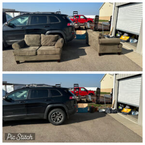 Before and after photos of outdoor sofa removal service by Junk Haulin Heroes in Bismarck, ND.