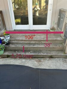 Outdoor wooden steps with measurements overlaid, indicating planning for deck or stair repair by Go Joe Handyman in Overland Park, KS.