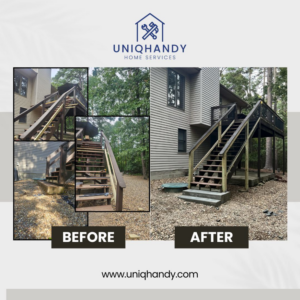Before and after of an outdoor wooden staircase and deck staining project by UniqHandy in Little Rock, AR.