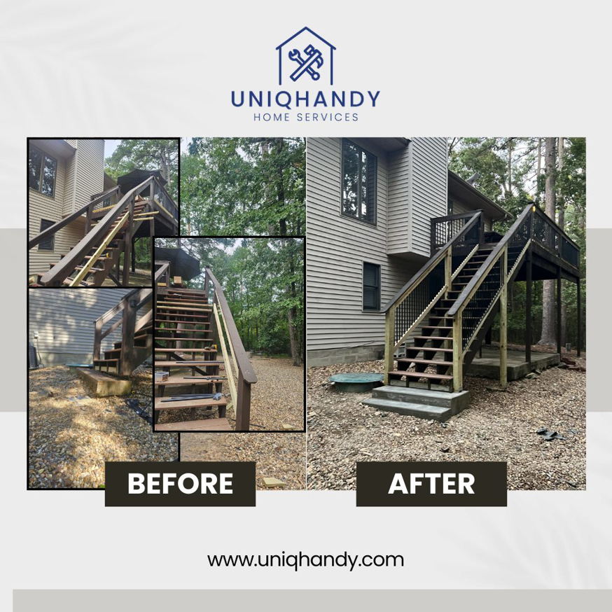 Before and after of an outdoor wooden staircase and deck staining project by UniqHandy in Little Rock, AR.