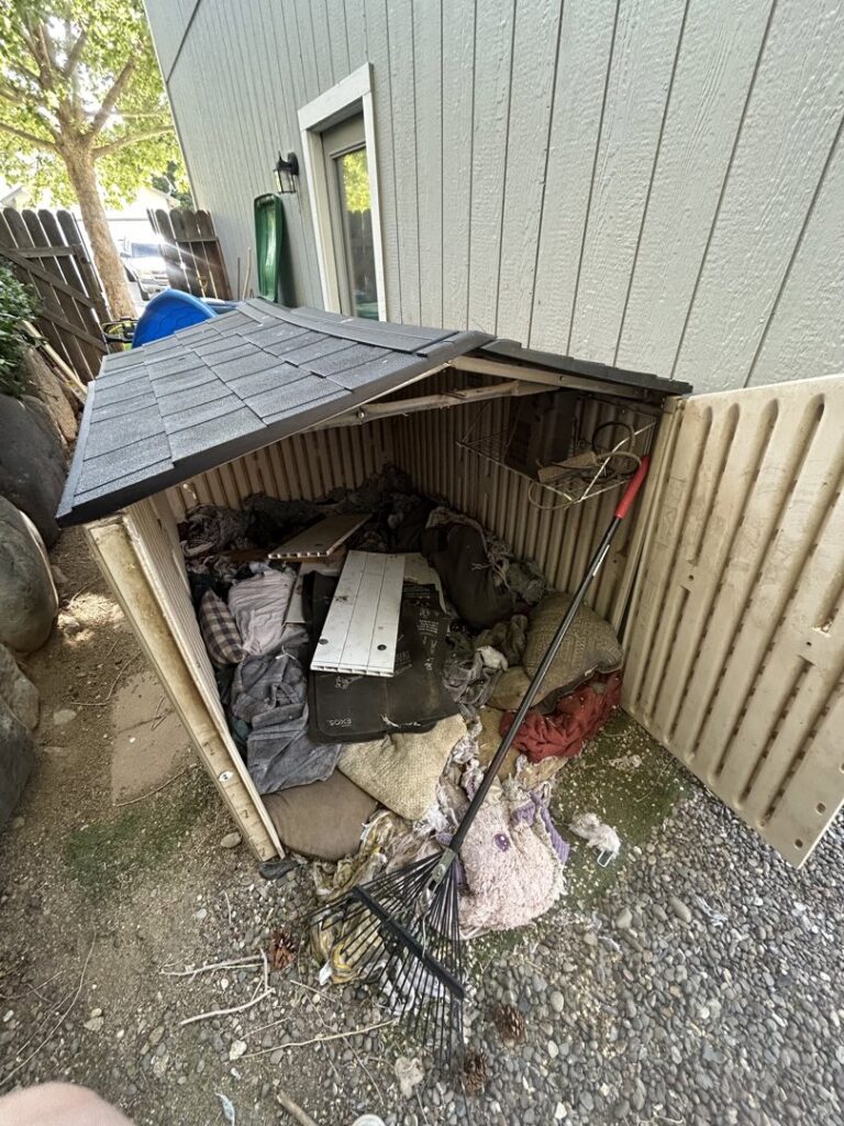 An overflowing outdoor storage shed filled with various junk items, ready for cleanout by Reno Junk Pros in Reno, NV.