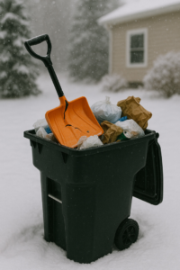 An overflowing trash can with an orange shovel in the snow, representing waste removal services by Ace Sanitation Service Inc. in Columbus, NE.