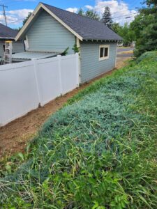 An overgrown hillside next to a white fence, indicating a need for clearing and weed control services from Battleship Property Maintenance in Lewiston, ID.