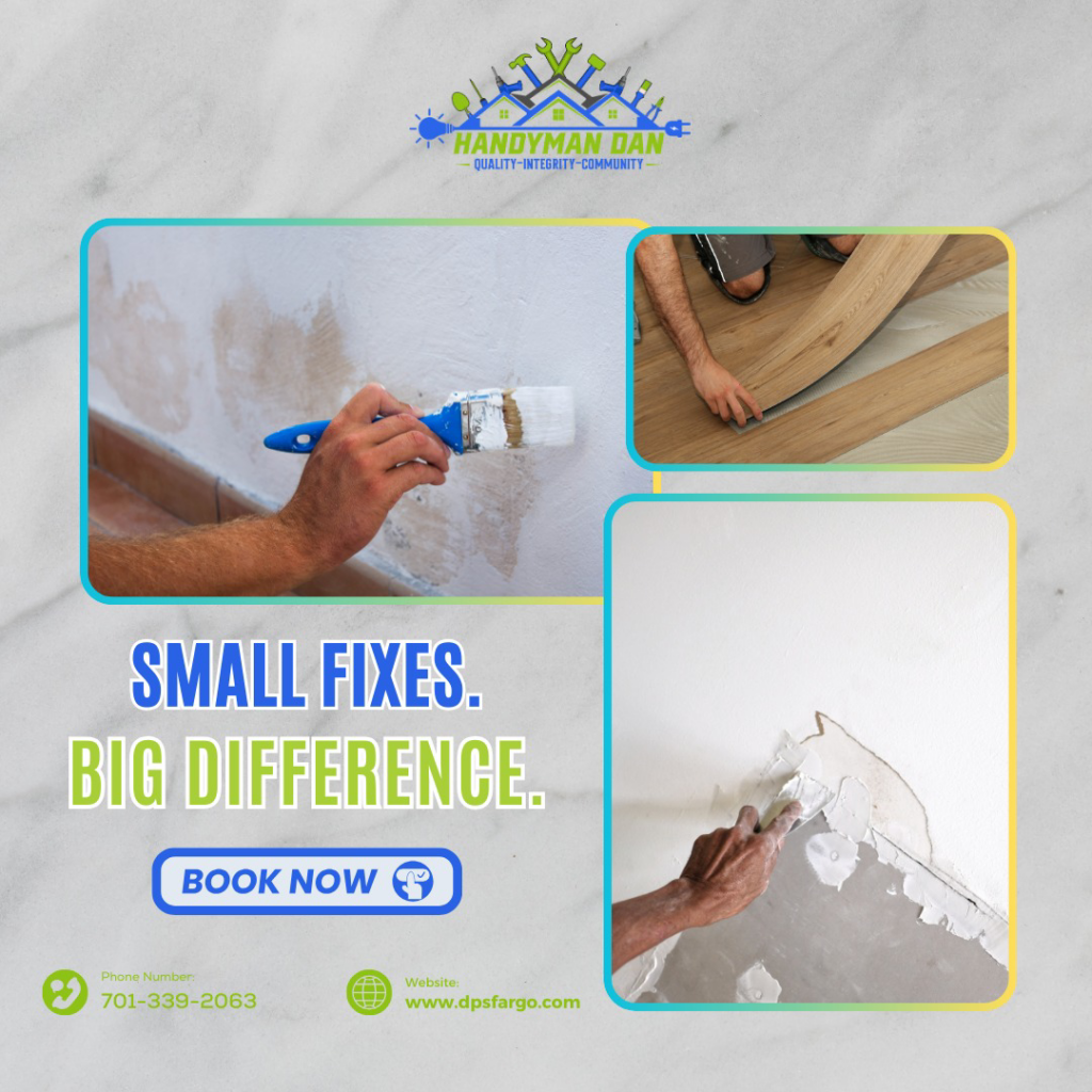 A handyman painting, installing flooring, and patching a wall, showcasing services by Handyman Dan in West Fargo, ND.