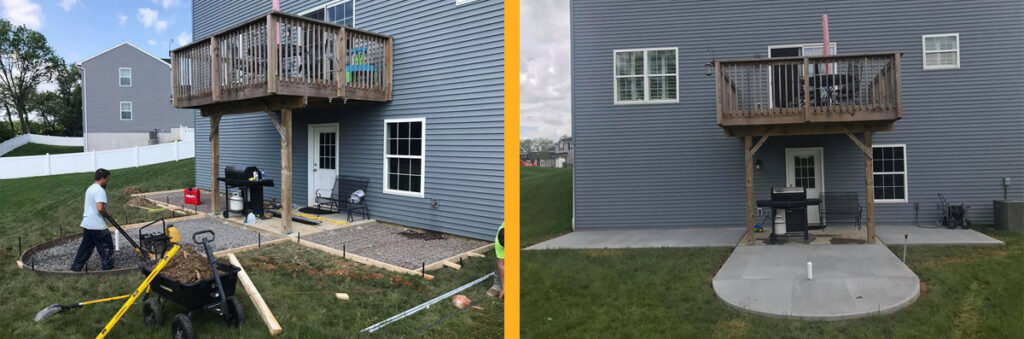 Before and after view of a patio construction project by Angeles Contractors LLC in New Oxford, PA.