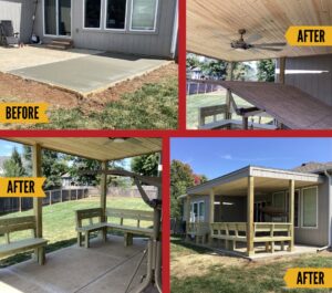 Before and after photos of a patio construction project, including a new pergola and benches, by Mr. Handyman of Olathe, Gardner in Olathe, KS.