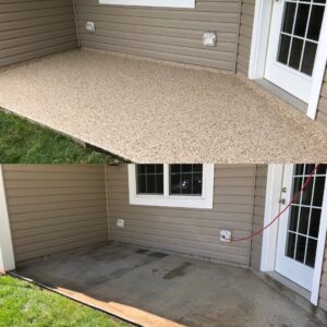 Before and after view of a patio with new epoxy flake coating installed by PremierGarage of Baltimore in Baltimore, MD.