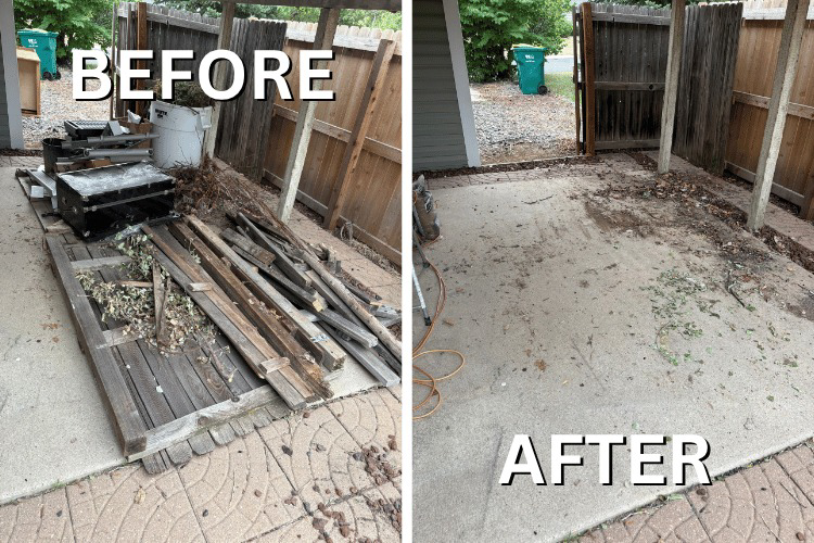 Before and after photos of a patio cleared of wood debris and old items by Mile High Junk in Aurora, CO.