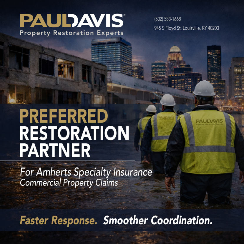 Paul Davis Restoration workers wading through floodwaters during a handyman job in Louisville, KY