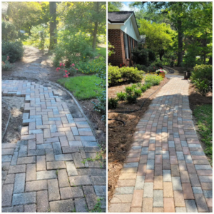 Before and after view of a paver pathway repair project completed by Keystone Design in Tallahassee, FL.