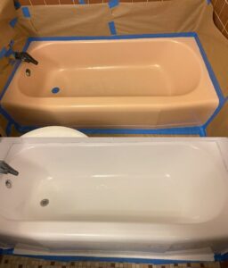 Before and after of a peach-colored bathtub refinishing by Bath Refinishing Solutions Dayton in Dayton, OH