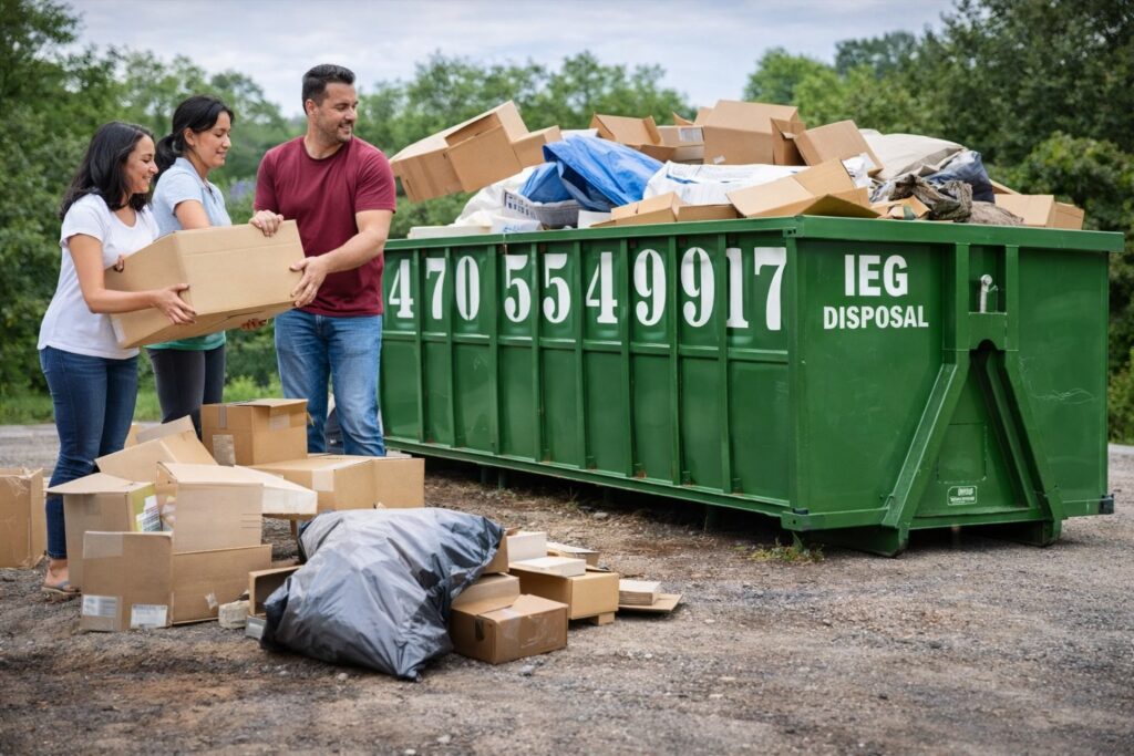 Three people loading cardboard boxes into a green IEG Disposal roll-off dumpster for junk removal in Canton, GA.