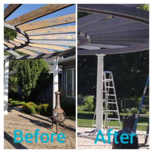 Before and after comparison of an outdoor pergola painted and stained by Amazing Handyman in Peoria, IL.