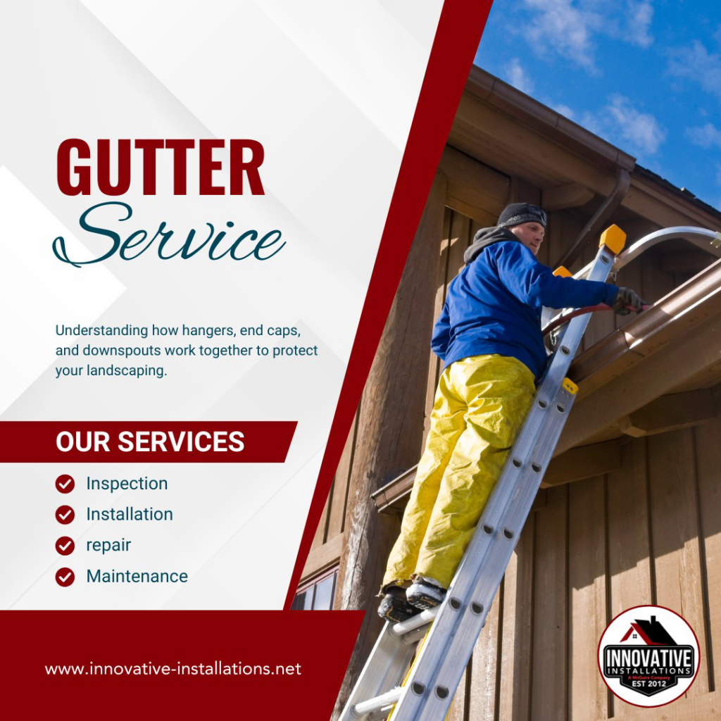 A person on a ladder repairing a gutter system for Innovative Installations in Fishers, IN.