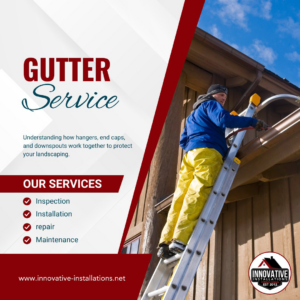 A person on a ladder repairing a gutter system for Innovative Installations in Fishers, IN.