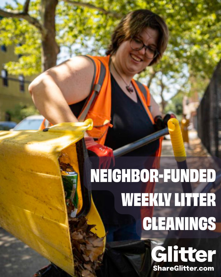 A Glitter team member picking up litter with a grabber and bag during a weekly cleaning in Philadelphia, PA.