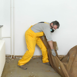 A person in protective gear removing old carpet, showcasing flooring services by World General Construction LLC in Everett, WA.
