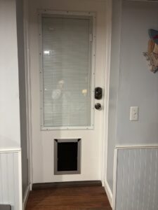 New pet door installed in a white entry door with built-in blinds by CWS Handyman LLC in Seekonk, MA
