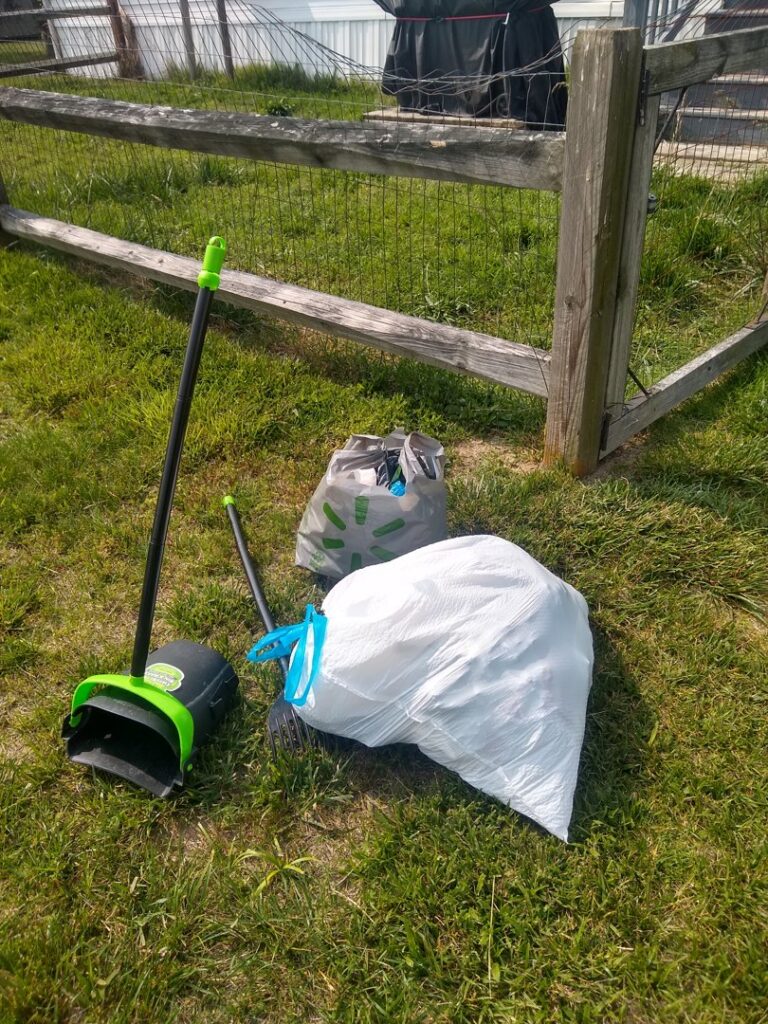 Pet waste removal tools, including a scoop and rake, alongside two bags of collected waste on a grassy lawn by They Poop We Scoop in Lewes, DE.