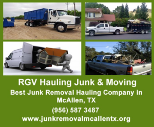 A white pickup truck towing a trailer filled with junk and debris for removal by RGV Hauling Junk & Moving in McAllen, TX.