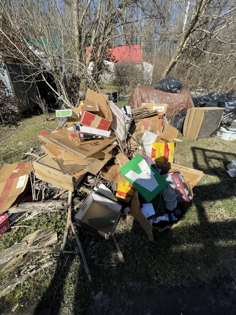 A large pile of cardboard boxes and miscellaneous trash outdoors, ready for efficient junk removal by Trash Monkey Junk Removal in Charleston, WV.