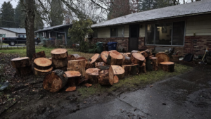 A large pile of freshly cut tree logs and stumps in a residential yard, ready for cleanup by Can Do Andrew in Gresham, OR.