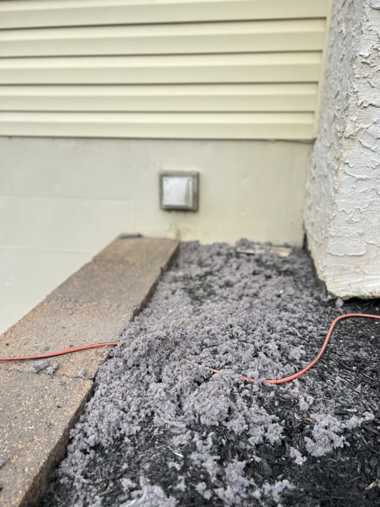A large pile of lint and debris on the ground outside a house, removed during a dryer vent cleaning service in Wilmington, DE.