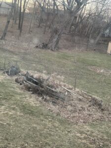 A pile of old wood and various debris in a grassy area ready for removal by One Call Junk Removal in Minneapolis, MN
