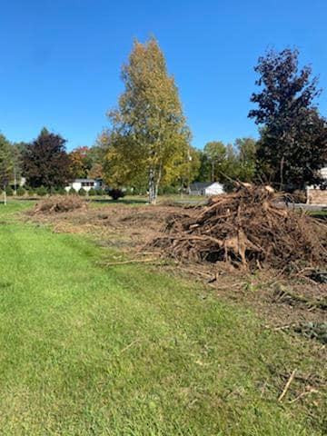 A large pile of tree roots and debris after lot clearing by Klee Logging & Tree Service Inc. in Green Bay, WI.