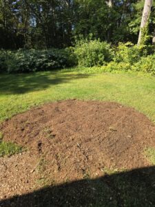 A pile of wood chips and mulch on the ground, indicating a completed stump grinding service by Grin & Grind Stump Removal LLC in Worcester, MA.