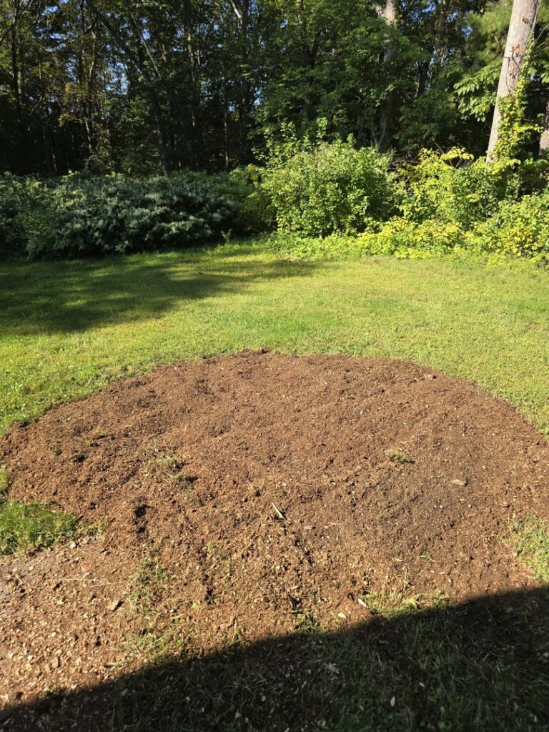 A pile of wood chips and mulch on the ground, indicating a completed stump grinding service by Grin & Grind Stump Removal LLC in Worcester, MA.