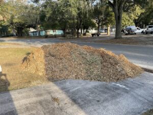 A large pile of wood chips and mulch on a driveway, a byproduct of tree service by Eagerton Tree Service, LLC in Ponte Vedra Beach, FL.