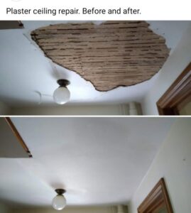 Before and after photos of a plaster ceiling repair project completed by N. Bennecoff Drywall & Plaster in Lancaster, PA.
