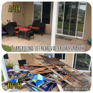 Before and after photos of a playground set removal job completed by Gabriel's Hauling & Junk Removal Services in 4S Ranch, San Diego, CA.