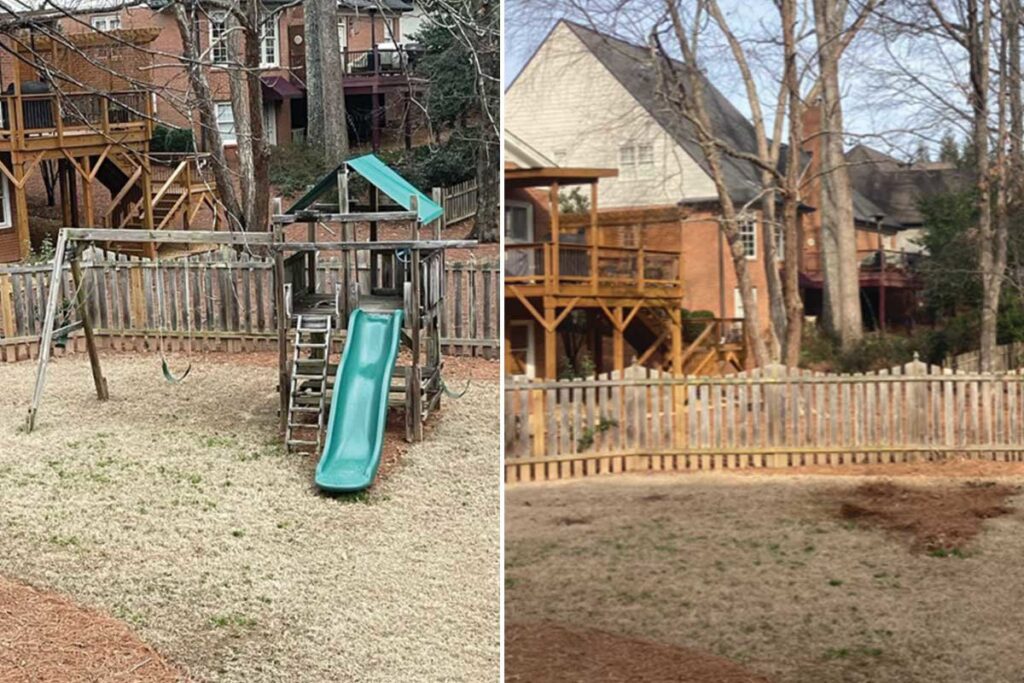 Before and after view of a backyard showing a playset removed by G.I.HAUL ATLANTA in Atlanta, GA.