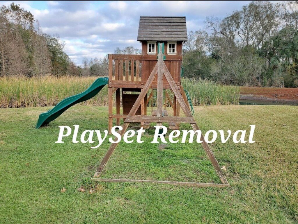A wooden playset ready for removal service by Dump My Junk LLC Demolition & Dumpster Rental in Tampa, FL.