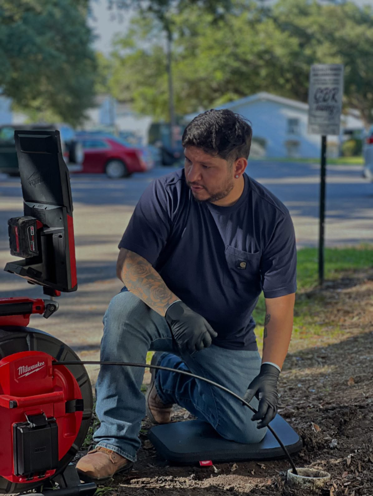 A plumber performing a drain inspection with a camera system for Sandobros Plumbing in Charleston, SC