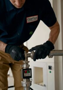 A Clear Flow Plumbing, Heating, and Hvac Contractors LLC technician working on a pipe connection in Jersey City, NJ