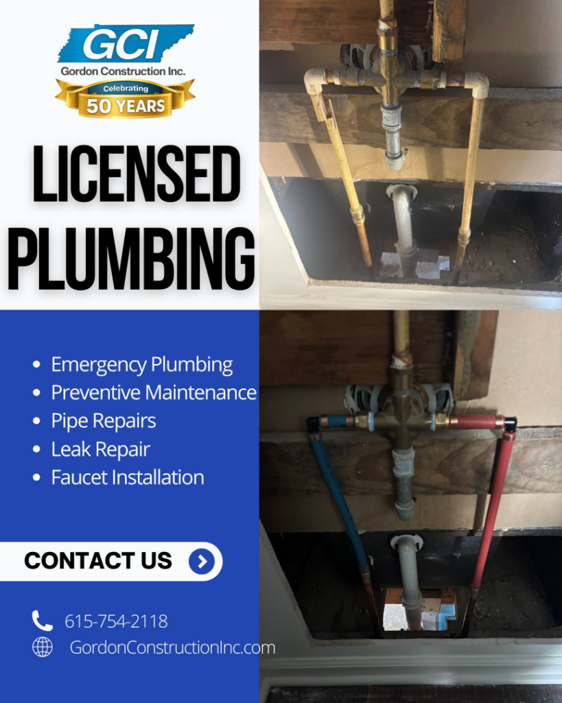 Before and after photos of plumbing pipe installation and repair by Gordon Construction, Inc. in Mount Juliet, TN