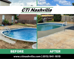 Before and after of a pool deck concrete installation by CTi Nashville in Antioch, TN, showing a significant outdoor improvement.