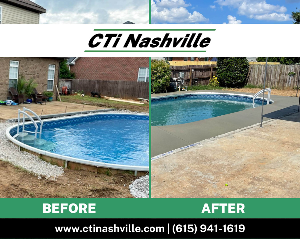 Before and after of a pool deck concrete installation by CTi Nashville in Antioch, TN, showing a significant outdoor improvement.
