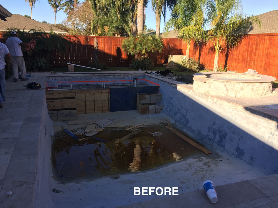 A pool undergoing renovation with exposed shell and wooden forms, before plastering by JR'S POOLS Plastering LLC in Kenner, LA.